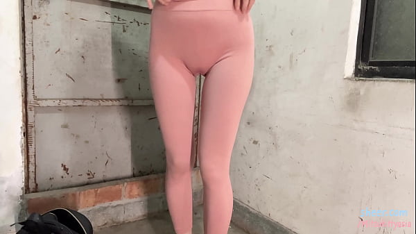 Asian girl cums hard and squirts in public stairwell wearing yoga clothes